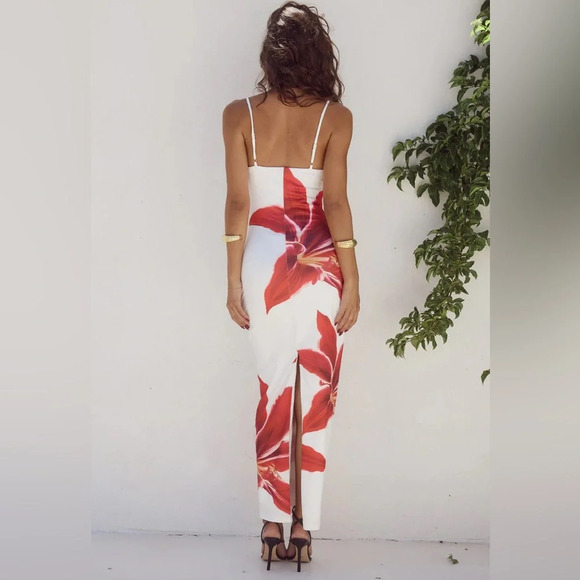 WOMENS RUNAWAY THE LABEL MIDI DRESS - CRIMSON LILY SIZE M - Picture 4 of 5